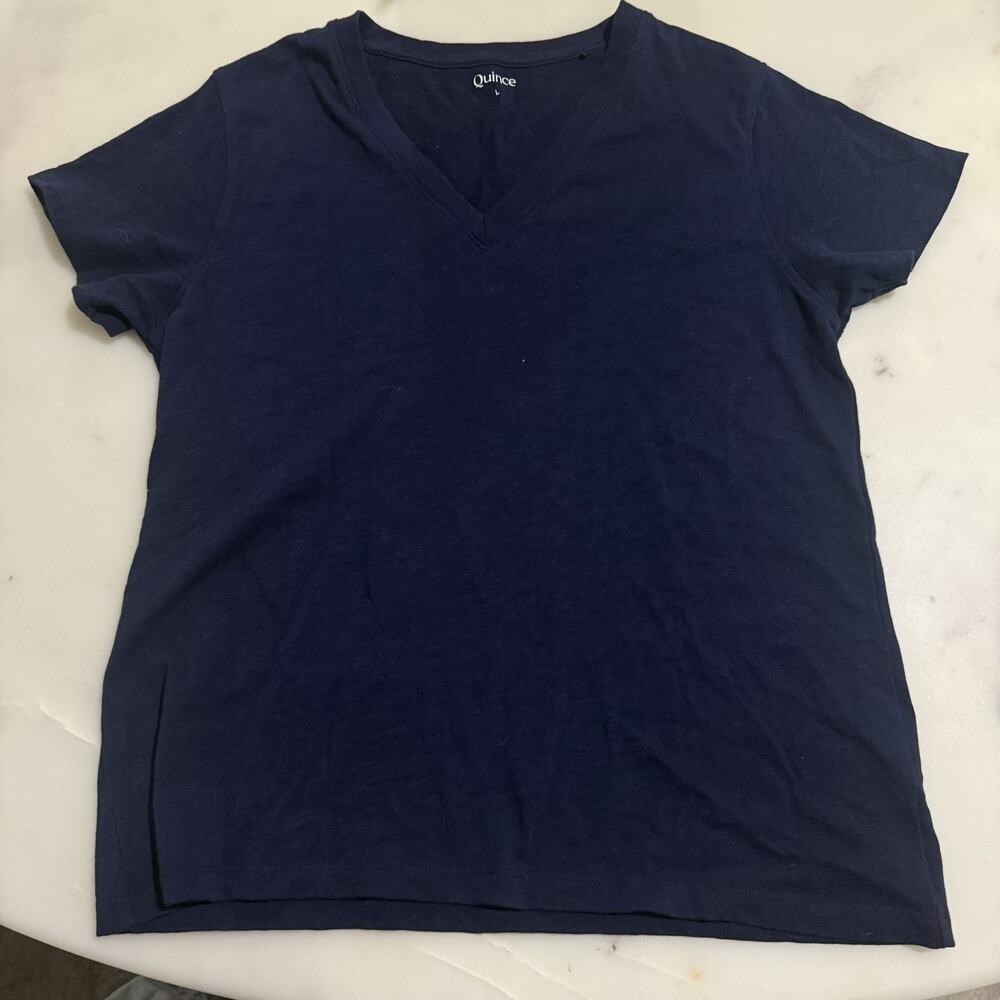 Quince Men L 100% Organic Cotton V Neck Tee Navy Blue Plain Short Sleeve T-shirt